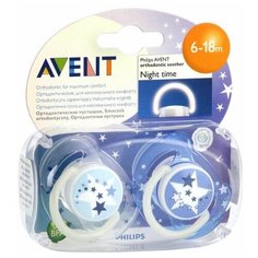 Пустышка силиконовая анатомическая Philips AVENT Ночные SCF176/22 6-18 м, 2 шт., белый/голубой