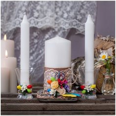 Набор свадебных свечей для домашнего очага и интерьера "Бохо-шик" с бежевым кружевом, желтыми и розовыми розами из латекса, ягодами и цветными бусинами, в стеклянных подсвечниках Свадебная мечта