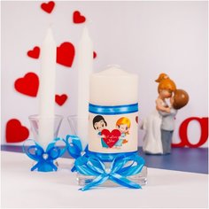 Комплект свадебных свечей для молодоженов и влюбленных "Love Is" с голубыми бантами из атласа и мультяшными персонажами, в стеклянных подсвечниках Свадебная мечта