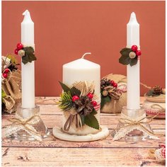 Свадебные свечи для домашнего очага и интерьера в эко-стиле с рождественским декором ручной работы, украшением из шишек и веточек, мешковиной и вязаным кружевом в красных и бежевых тонах Свадебная мечта