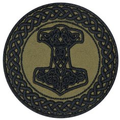 Нашивка (шеврон, патч) на липучке, Стежкофф, "Молот Тора", оливковый, 8 см, 1 штука