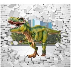 Фотообои 3D Динозавр в кирпичной стене/ Красивые уютные обои на стену в интерьер комнаты/ 3Д расширяющие пространство над кроватью или над столом/ На кухню в спальню детскую зал гостиную прихожую/ размер 300х270см/ Флизелиновые