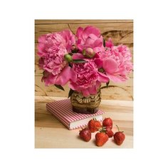 Холст с красками 22х30 см по номерам. (14 цв) Розовые пионы в кружке на книге (Арт. HS608) Рыжий кот