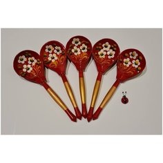 Столовая деревянная русская ложка "Краснушка" - (набор 5 шт. + подарок) Хохломская роспись