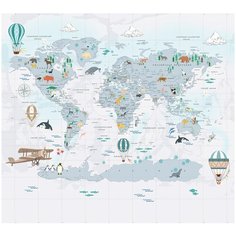 Фотообои Карта мира для детей в серых тонах/ Красивые уютные обои на стену в интерьер комнаты/ 3Д расширяющие пространство/ На кухню в спальню детскую зал гостиную прихожую/ размер 300х270см/ Флизелиновые