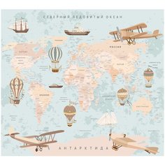 Фотообои Карта мира детская с воздушными шарами самолетами на белом фоне/ Красивые уютные обои на стену в интерьер комнаты/ 3Д расширяющие пространство/ На кухню в спальню детскую зал гостиную прихожую/ размер 300х270см/ Флизелиновые
