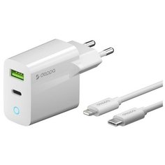 Адаптер питания Deppa USB A + USB-C Power Delivery 3.0А QC 3.0 20Вт D-11396 кабелем Lightning to Type-C (MFI)(5В/ 3А) Белый