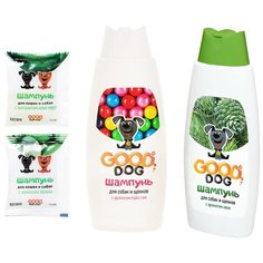 Микс из 4 шампуней для собак и щенков Good Dog (с ароматом яблока 15мл, хвои 250мл, BUBBLE GUM 250мл и с эстрактом алоэ вера 15мл)