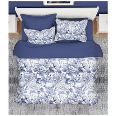 Постельное белье 2-спальное Valtery RS-405, сатин, 4 наволочки: 50 х 70 и 70 х 70 см, синий/белый