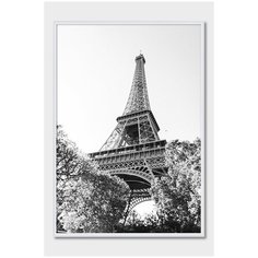 Черно-белый постер на стену для интерьера Postermarkt Вид на Эйфелеву башню, постер в белой рамке 50х70 см, постеры картины для интерьера в белой рамке