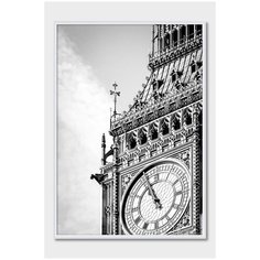Черно-белый постер на стену для интерьера Postermarkt Часы Биг Бен, постер в белой рамке 50х70 см, постеры картины для интерьера в белой рамке