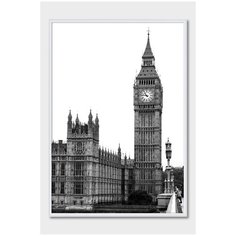 Черно-белый постер на стену для интерьера Postermarkt Башня Биг Бен, постер в белой рамке 40х50 см, постеры картины для интерьера в белой рамке
