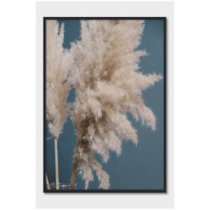 Постер на стену для интерьера Postermarkt Бежевые колосья на синем фоне №3, постер в черной рамке 30х40 см, постеры картины для интерьера в черной рамке