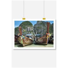 Постер на стену для интерьера Postermarkt Лодки и надпись Travel, размер 40х50 см, постеры картины для интерьера в тубусе