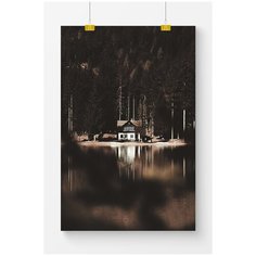 Постер на стену для интерьера Postermarkt Дом на озере и отражение леса, размер 50х70 см, постеры картины для интерьера в тубусе