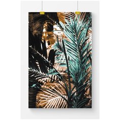 Постер на стену для интерьера Postermarkt Зелено золотые листья пальмы №1, размер 40х50 см, постеры картины для интерьера в тубусе