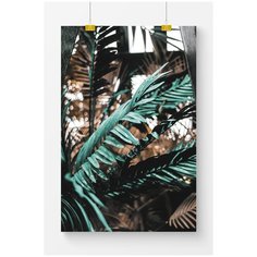 Постер на стену для интерьера Postermarkt Зелено золотые листья пальмы №2, размер 60х90 см, постеры картины для интерьера в тубусе