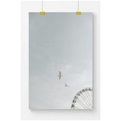 Постер на стену для интерьера Postermarkt Колесо обозрения и две чайки , размер 50х70 см, постеры картины для интерьера в тубусе
