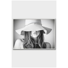 Постер на стену для интерьера Postermarkt Девушка в шляпе, постер в белой рамке 30х40 см, постеры картины для интерьера в белой рамке