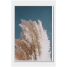 Постер на стену для интерьера Postermarkt Бежевые колосья на синем фоне №2, постер в белой рамке 40х50 см, постеры картины для интерьера в белой рамке