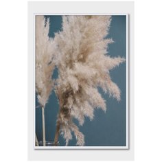 Постер на стену для интерьера Postermarkt Бежевые колосья на синем фоне №3, постер в белой рамке 30х40 см, постеры картины для интерьера в белой рамке