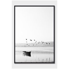 Черно-белый постер на стену для интерьера Postermarkt Лодка и птицы, постер в черной рамке 40х50 см, постеры картины для интерьера в черной рамке