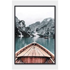 Постер на стену для интерьера Postermarkt Лодка на озере в горах, постер в черной рамке 50х70 см, постеры картины для интерьера в черной рамке