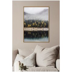 Постер на стену для интерьера Postermarkt Озеро и лес в тумане, постер в золотой рамке 50х70 см, постеры картины для интерьера в золотой рамке