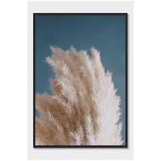 Постер на стену для интерьера Postermarkt Бежевые колосья на синем фоне №2, постер в черной рамке 50х70 см, постеры картины для интерьера в черной рамке