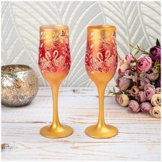 Свадебные бокалы для новобрачных "Совет да любовь" из красного стекла с золотым напылением, с лебедями и надписью с блестками, 2 штуки Свадебная мечта