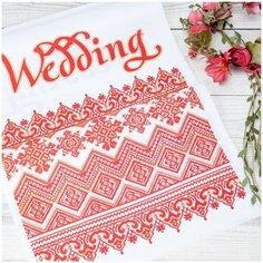 Яркий свадебный рушник Wedding в славянском стиле, белого цвета с кружевными и традиционными узорами в красной гамме - на венчание и встречу молодоженов хлебом-солью Свадебная мечта