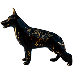 Статуэтка Собака Немецкая Овчарка Черная в Золоте Породистая Гжель ручная роспись