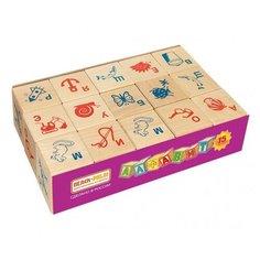 Кубики Алфавит и рисунок по 12 штук в наборе Wood Fun