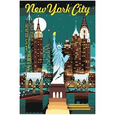 Небоскребы и Статуя Свободы в Нью-Йорке, США Раскраска картина по номерам на холсте