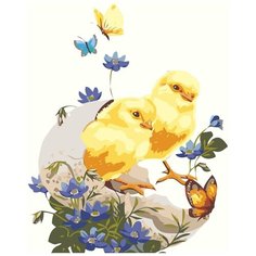 Цыпленок с цветами Раскраска картина по номерам на холсте