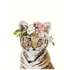 Тигренок с цветами Раскраска картина по номерам на холсте