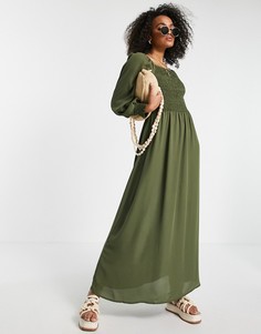 Платье мидакси цвета хаки с присборенным лифом и пышными рукавами JDY-Зеленый цвет