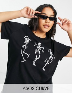 Черная футболка с принтом танцующих скелетов ASOS DESIGN Curve-Черный цвет