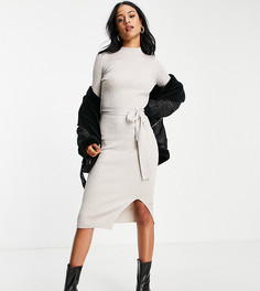 Бежевое платье миди в рубчик с завязками на талии New Look Tall-Белый