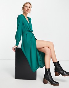 Темно-зеленое платье миди с воротником, запахом и поясом ASOS DESIGN-Зеленый