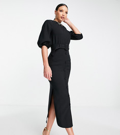 Черное платье миди на пуговицах с пышными рукавами и поясом ASOS DESIGN Tall-Черный цвет