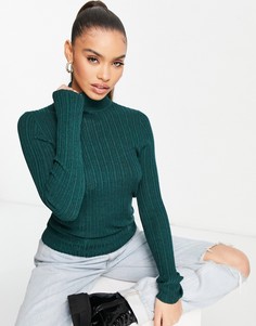 Темно-зеленый джемпер в рубчик с высоким воротником ASOS DESIGN-Зеленый цвет