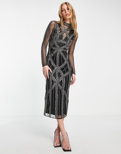 Платье миди с высоким воротником, декоративной отделкой и длинными рукавами ASOS DESIGN-Черный цвет