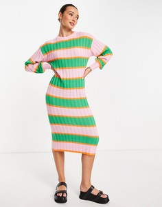 Розовое трикотажное платье миди в разноцветную полоску ASOS DESIGN-Розовый цвет