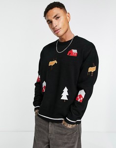 Вязаный новогодний джемпер черного цвета с вышитыми фигурками ASOS DESIGN-Черный цвет