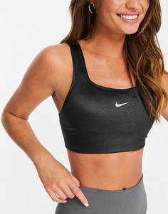 Черный блестящий бюстгальтер с логотипом-галочкой Nike Training Dri-Fit-Черный цвет