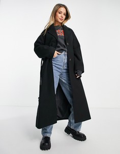 Черное oversized-пальто из переработанного полиэстера с поясом Monki-Черный цвет
