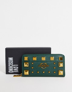 Темно-зеленый кошелек с застежкой-молнией по периметру и заклепками Love Moschino-Зеленый цвет