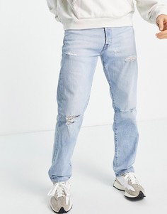 Светло-голубые выбеленные прямые джинсы с рваными разрезами Levis 501-Голубой Levis®