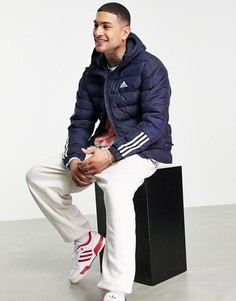 Темно-синий пуховик с капюшоном и тремя полосками adidas Outdoor Primegreen